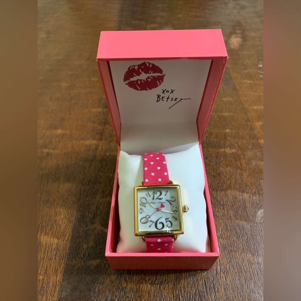 NIB $69 Betsey Johnson Pink Polka Dot Square Watch
